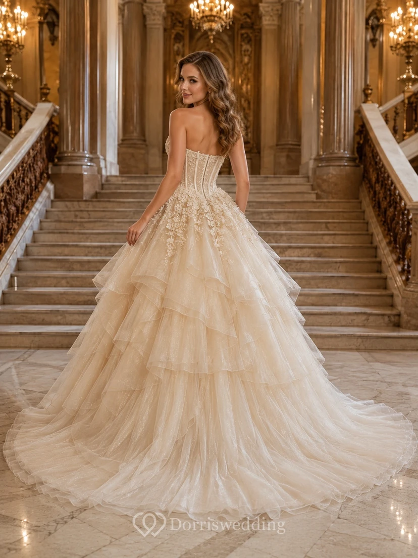 Strapless Sweetheart Layered Tulle Ball Gown Sweep Train Luxury Romantic Wedding Dress view 2