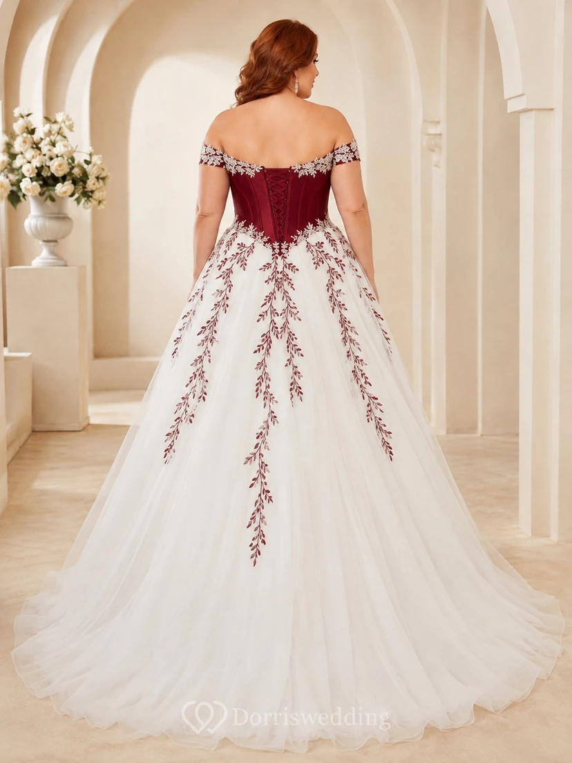 Burgunderrotes, besticktes Brautkleid in großen Größen, schulterfrei, kurze Ärmel, Kapellenschleppe, romantisch-elegant view 2