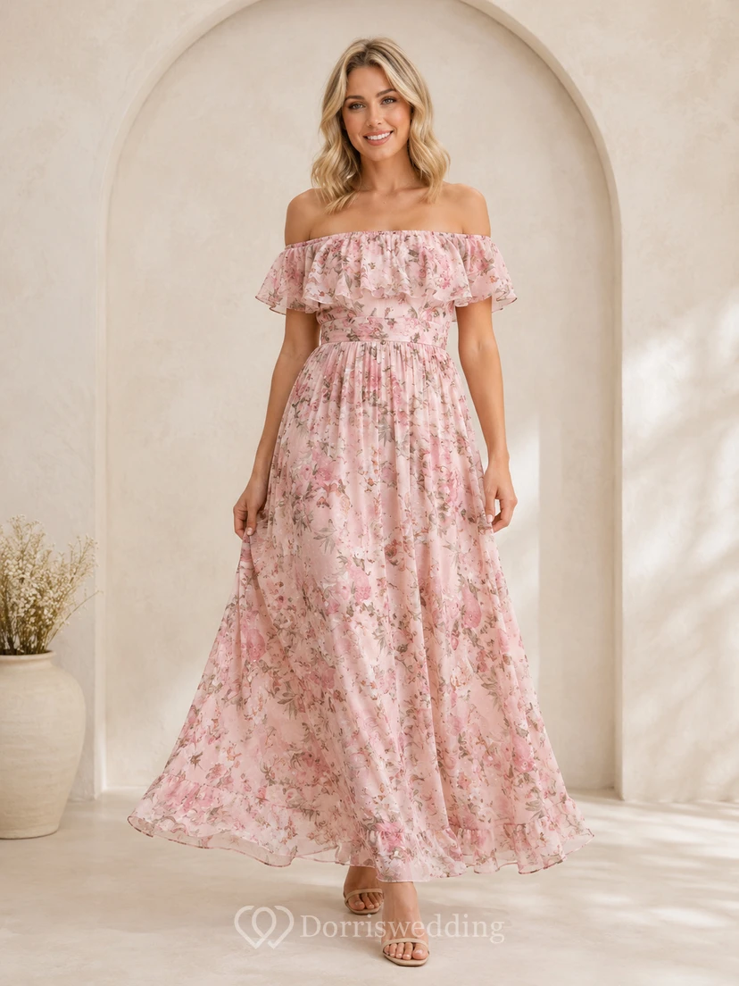 Rosafarbenes, geblümtes, schulterfreies, gesmoktes Umstands-Maxikleid für Gäste