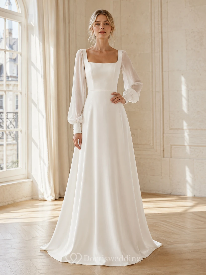 Robe de mariée carrée à manches longues plissées en mousseline, coupe trapèze, traîne simple