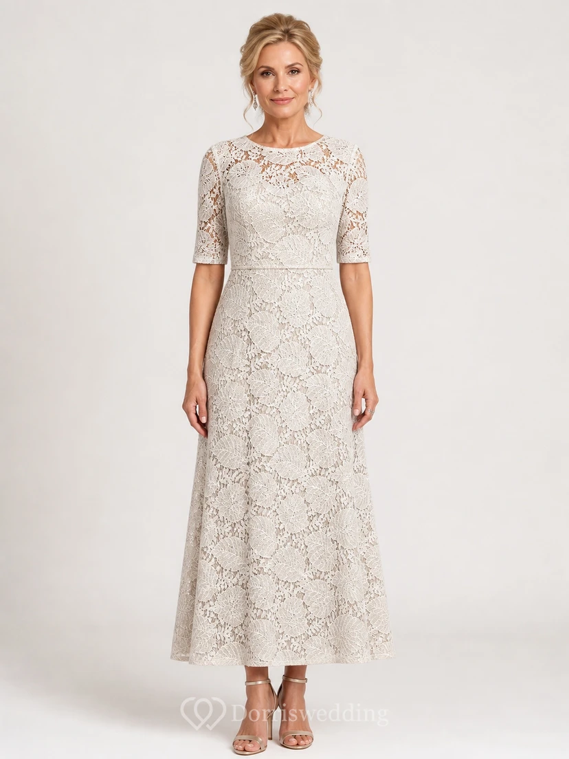 Genteel Modest Older Brides Lace A-Line Ankle-length Bateau Half-Sleeve Mother Dress
