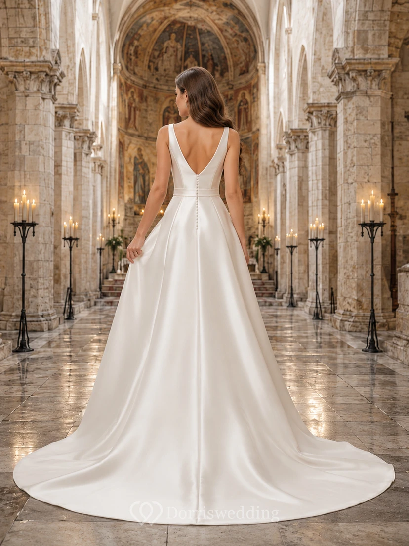 V Neck Satin A Line Chapel Train Classic Wedding Dress view 2