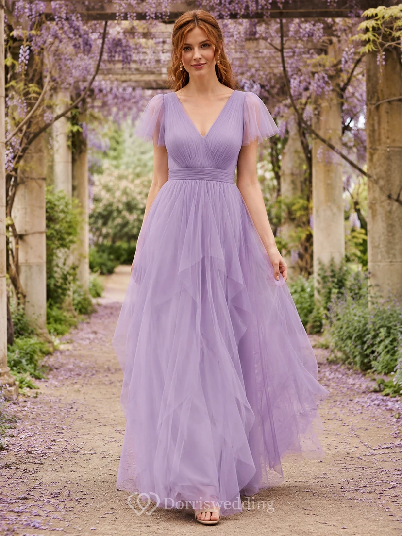 Lavender Spring Garden A-Line Tulle Chiffon Bridesmaid Dress with V-Neck Flutter Sleeve Bodice, Pleated Floor-Length Skirt and Low V Back