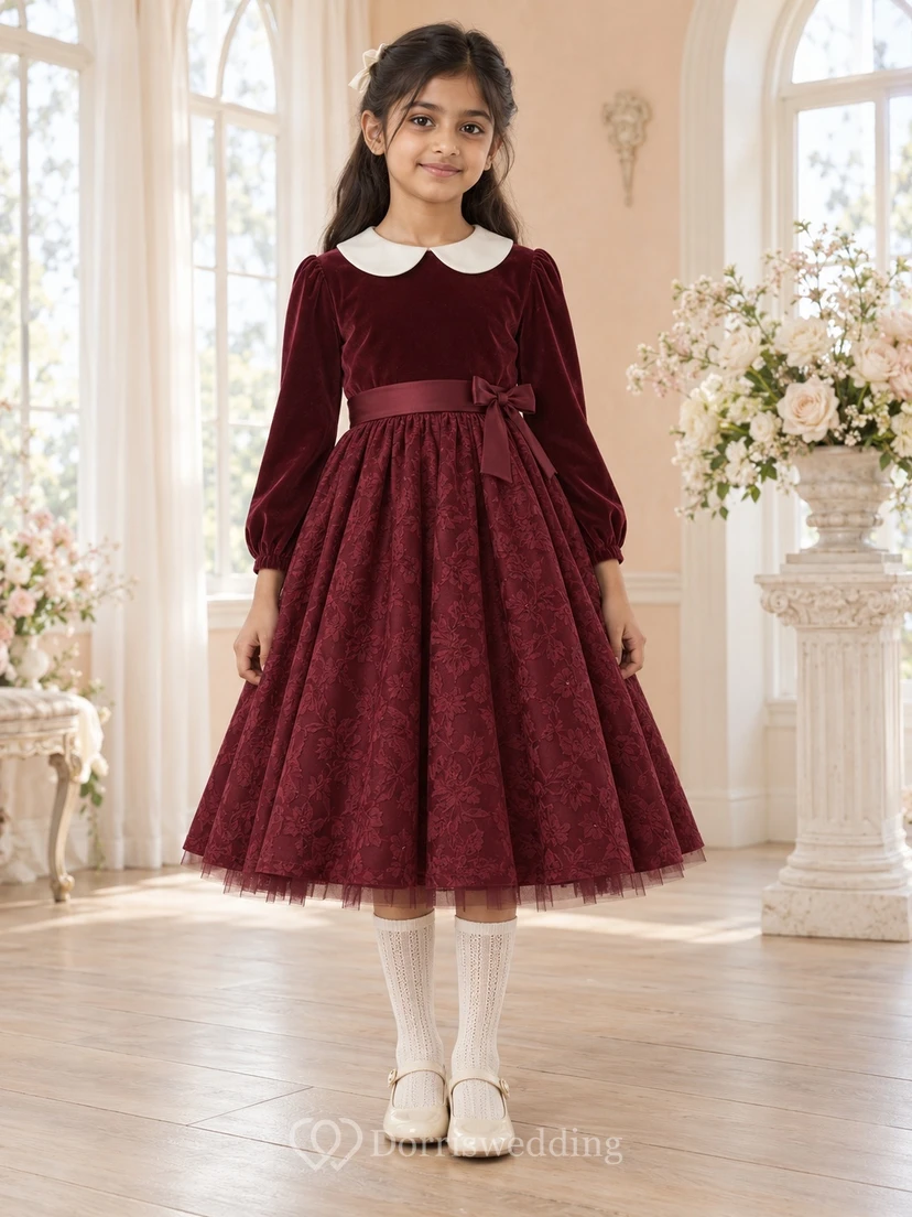 Tea-length Long Sleeve Vintage Burgundy A-Line Velvet Lace-Skirt Peter-Pan-Collar Flowergirl Dress