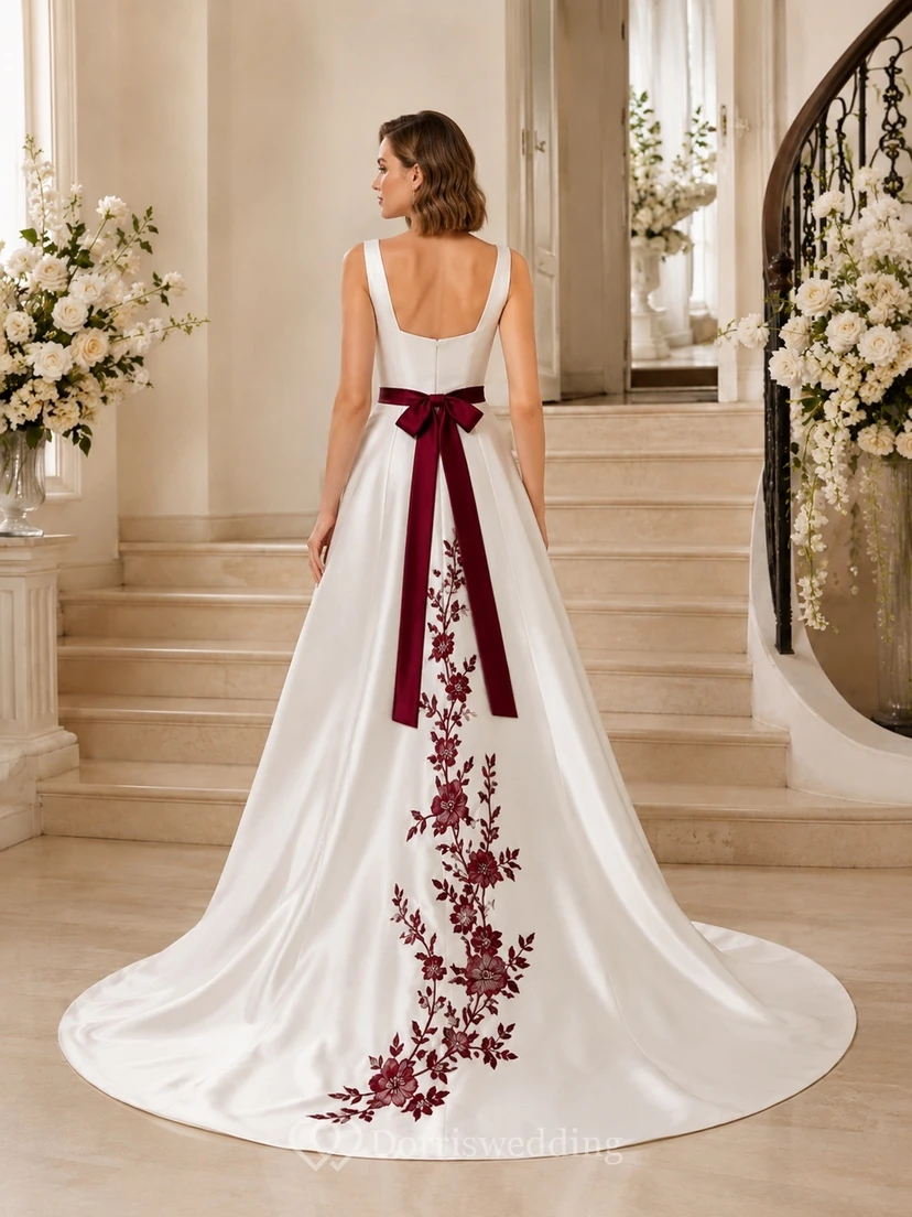 Burgunderfarbenes, mit Bändern besetztes Brautkleid in A-Linie, ärmellos, Kapellenschleppe, modern und elegant view 2