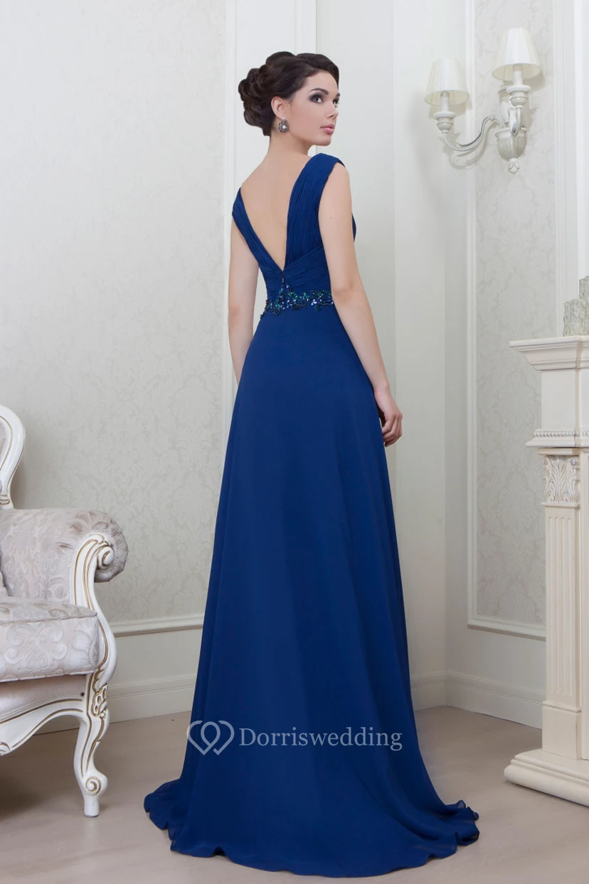 A-Line Sleeveless V-Neck Floor-Length Ruched Chiffon Evening Dress With Beading view 2