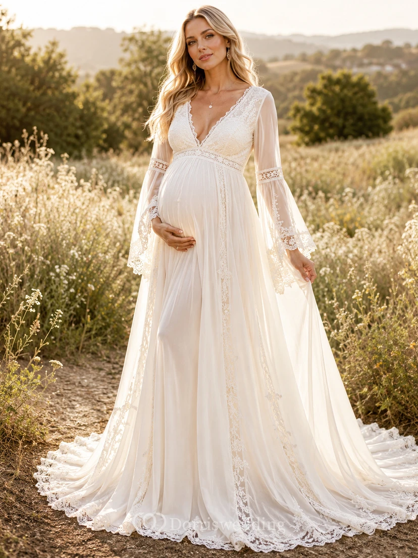Robe de mariée bohème de maternité à manches longues cloche, col V, en tulle, style champêtre avec traîne en dentelle