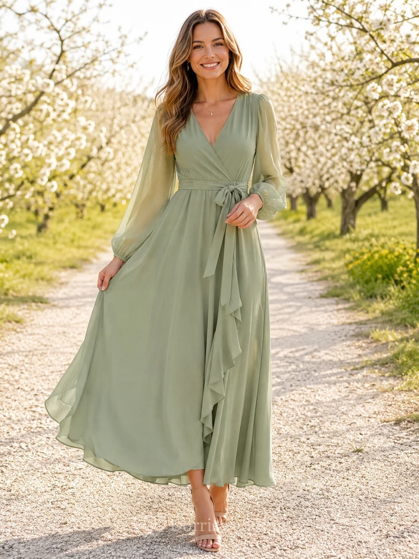 Salbeigrünes Chiffon-Maxikleid im Boho-Stil mit V-Ausschnitt, langen Ärmeln und A-Linien-Schnitt
