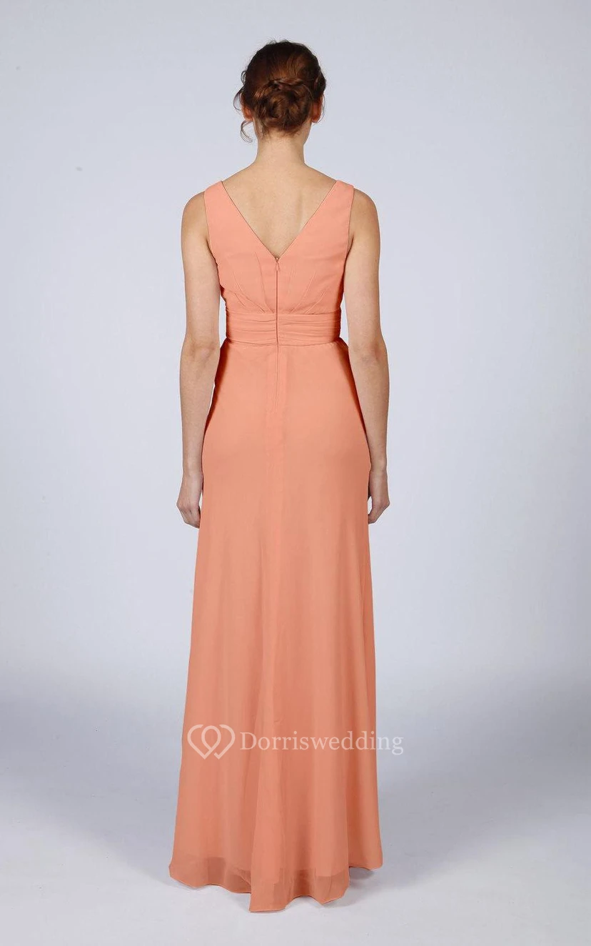 V Neck V Back A-line Chiffon Long Dress Peach view 2