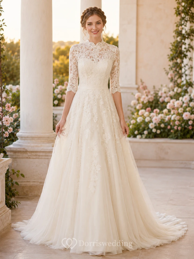 Modest High Neck Lace Wedding A Line Three Quarter Sleeve Court Train