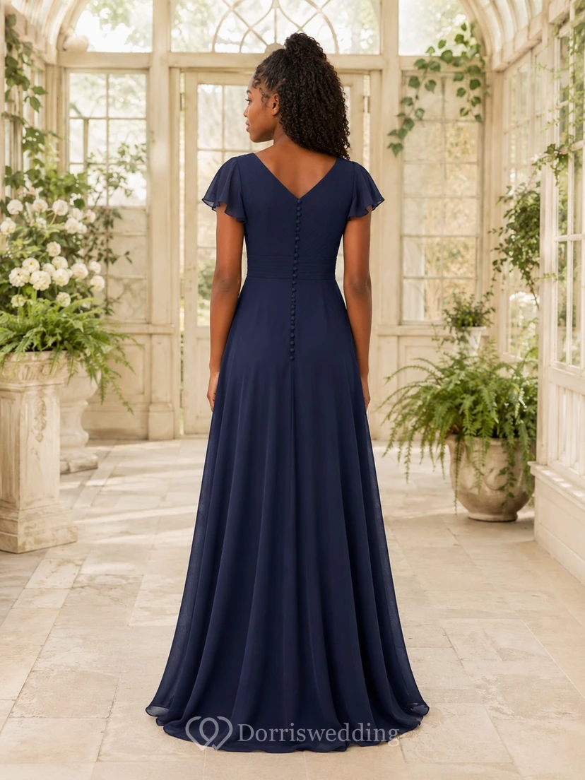 Dark Navy Junior Bridesmaid Dress A-Line V-neck Short Sleeve Petal Romantic view 2
