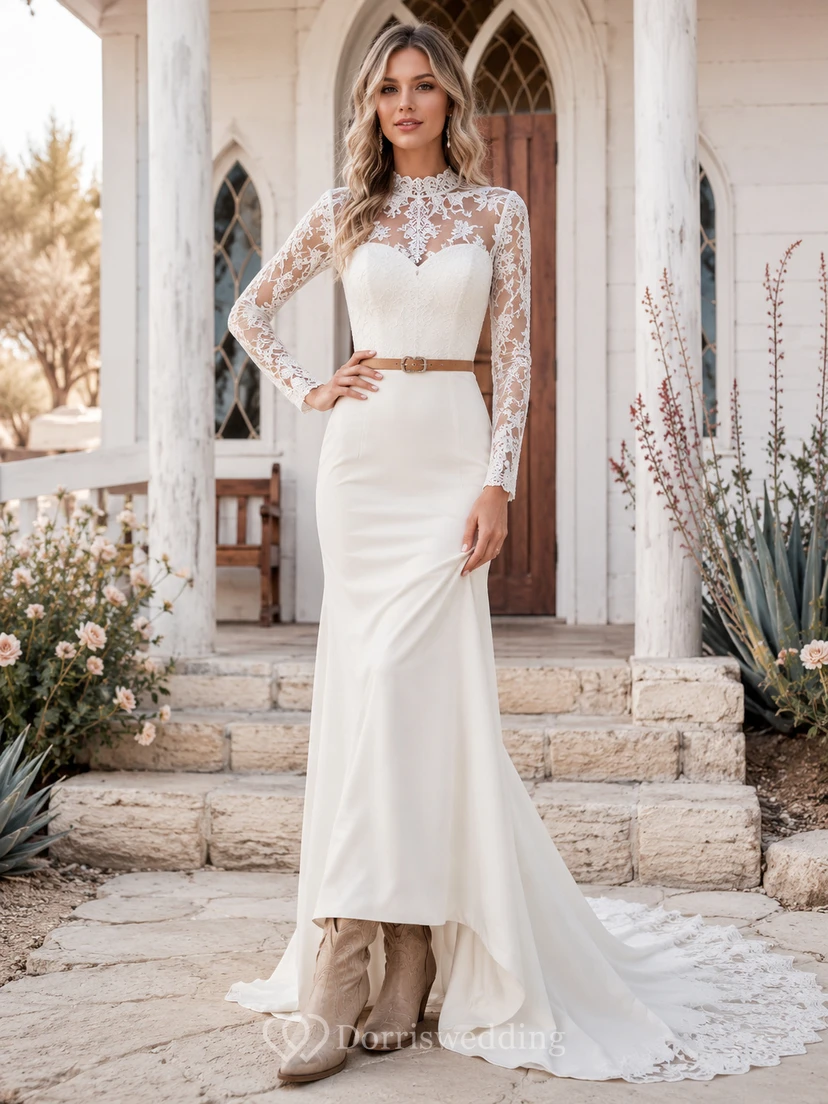 Robe de mariée moderne deux pièces sirène en dentelle, col montant illusion, manches longues, traîne chapelle