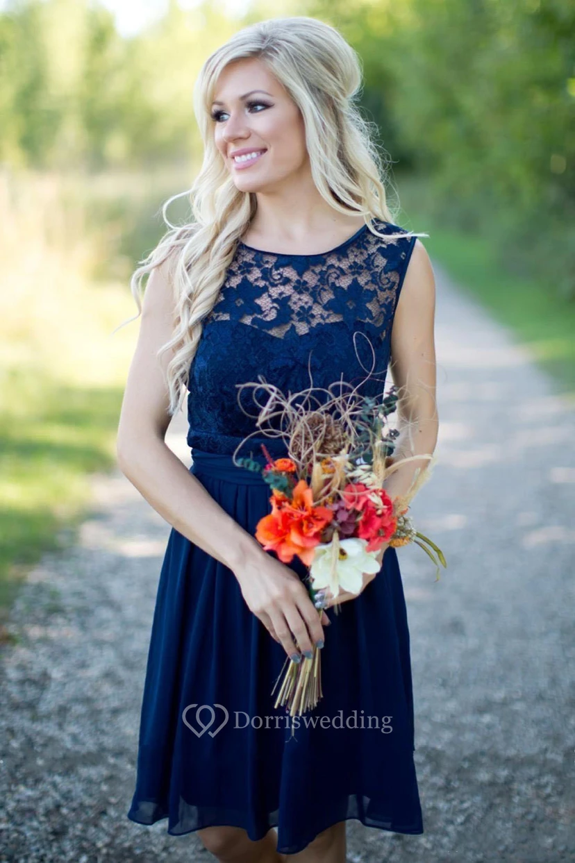 A-line Short Jewel Sleeveless Bell Backless Chiffon Lace Dress view 3