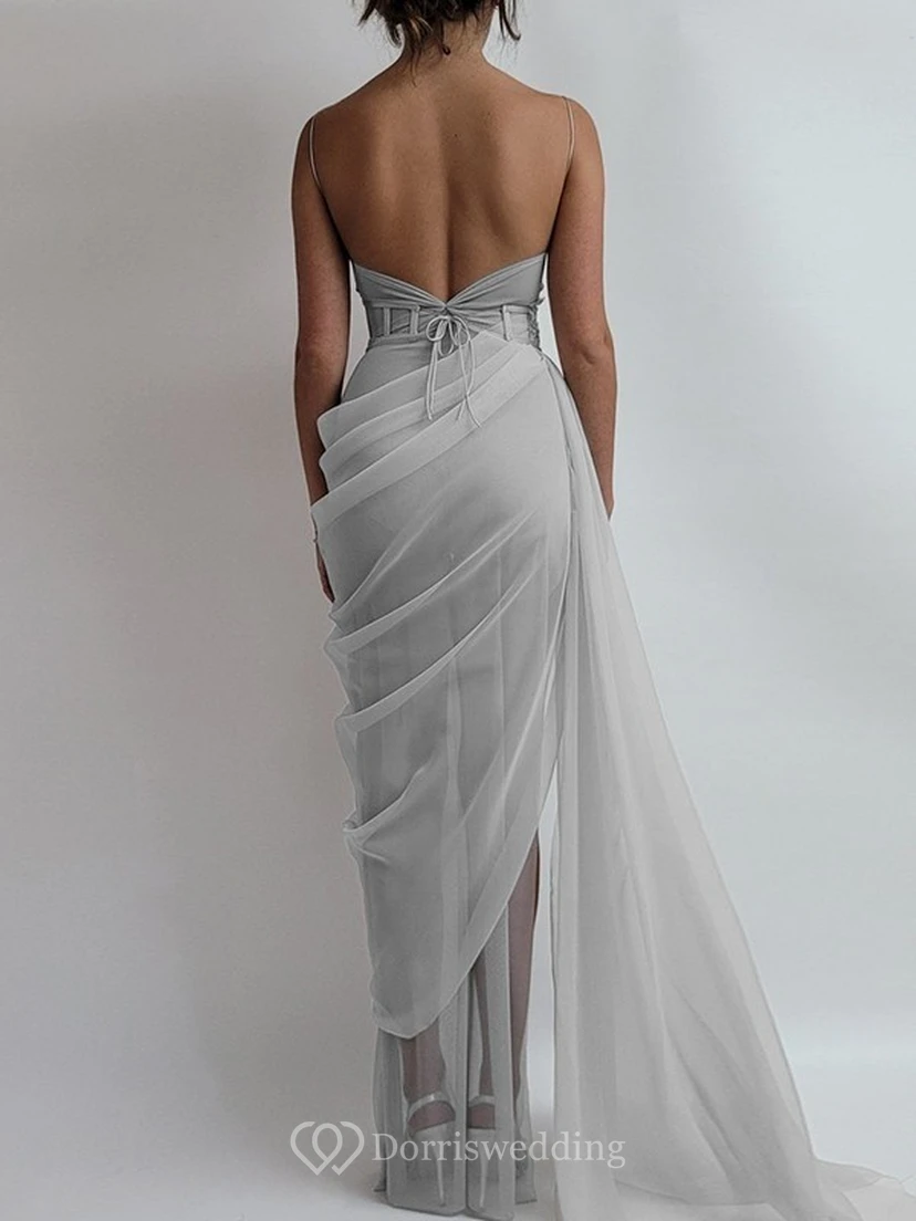 Spaghetti Ruched Sexy Front Split Sheath Side-ruched Prom Dress view 2
