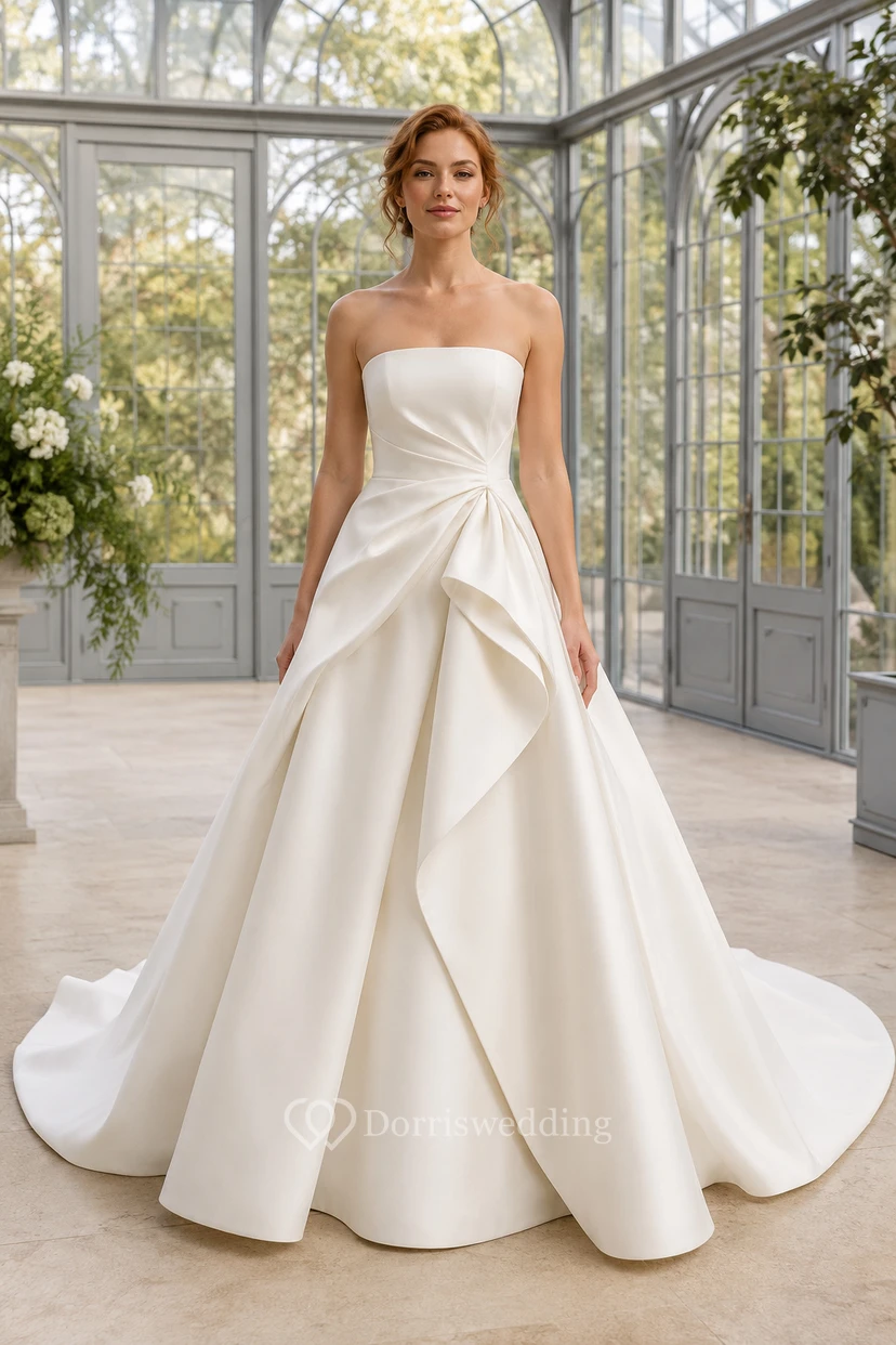 Brautkleid aus Satin, Ballkleid, trägerlos, Herzausschnitt, Schleppe