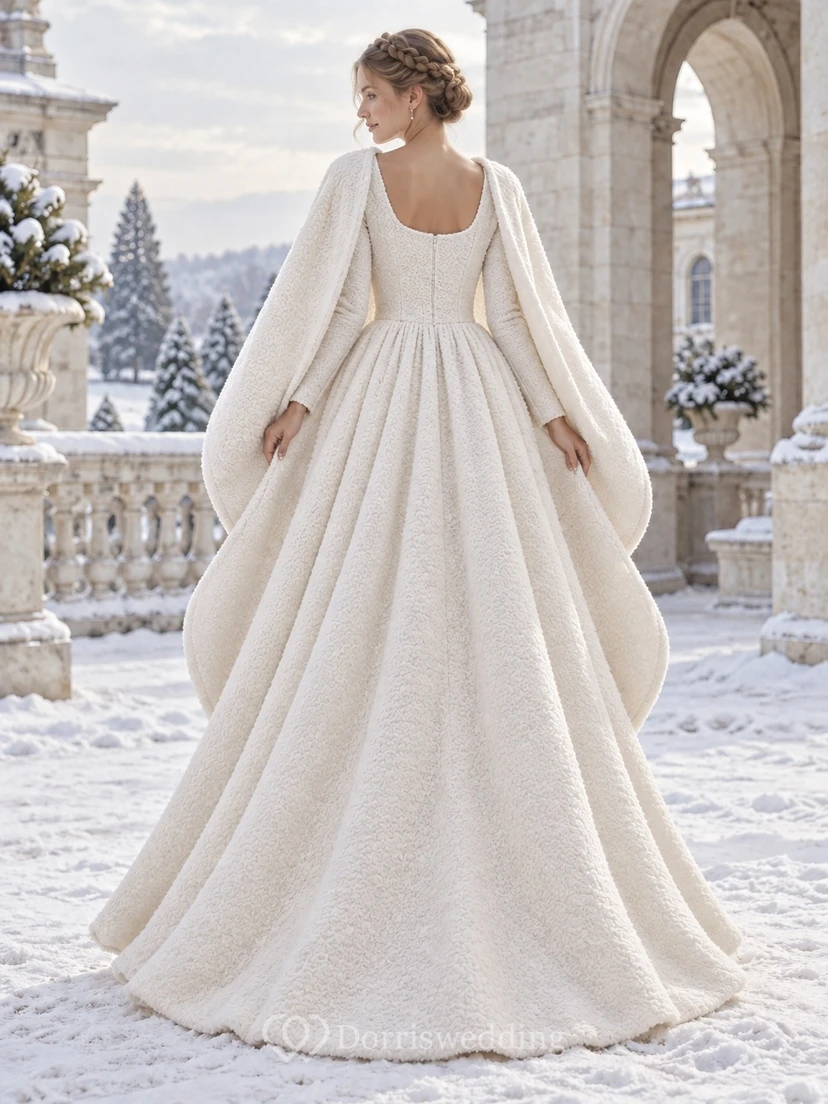 Modest Long Sleeve Scoop Neck A-line Wedding Draped Cape Dress view 2