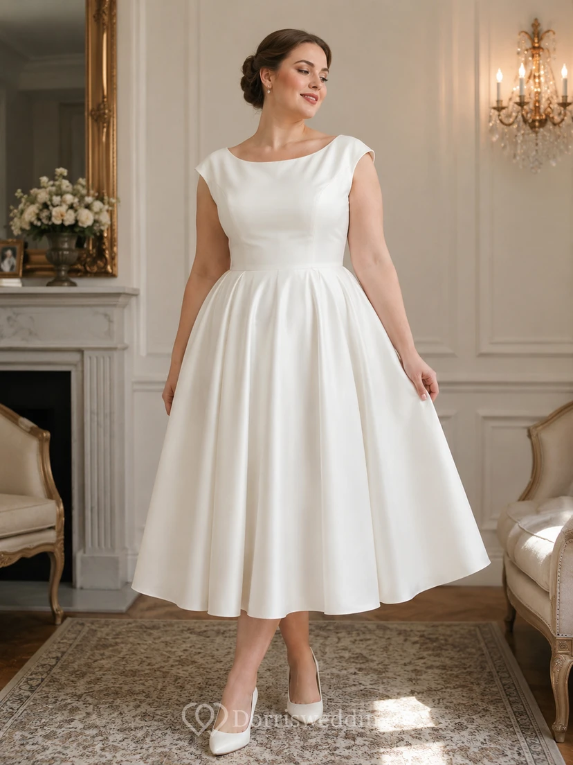 Scoop-neck Cap Satin Empire A-line Tea-length Retro Wedding Dress view 4