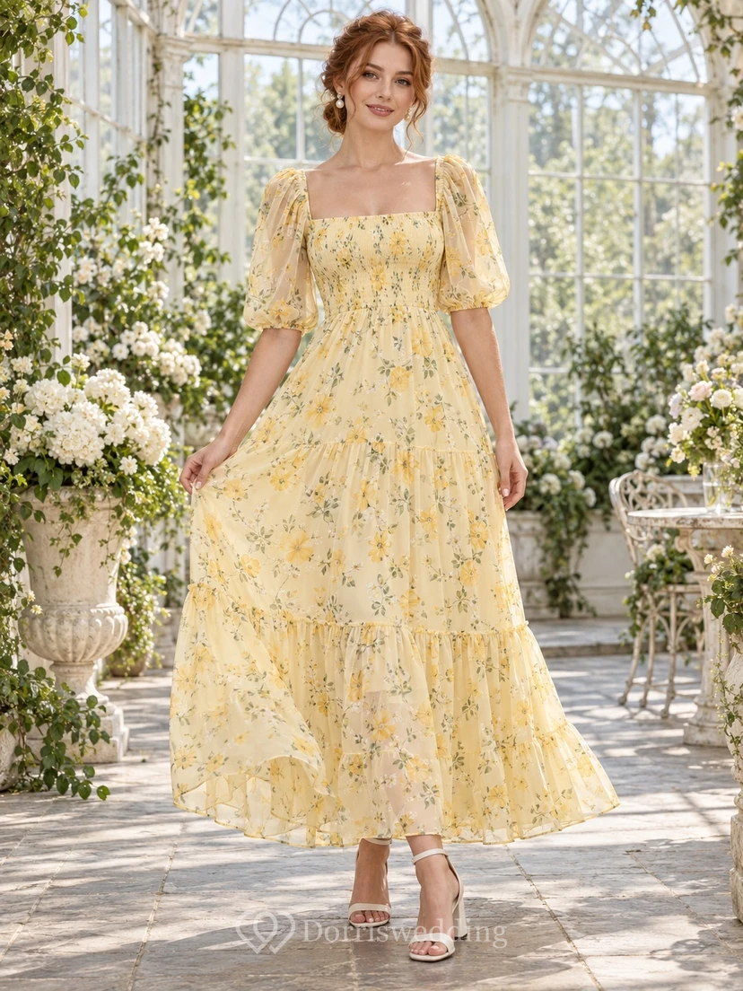 Vestido de fiesta de gasa con estampado floral de narcisos, cuello cuadrado, mangas abullonadas y largo hasta los tobillos, corte en A.