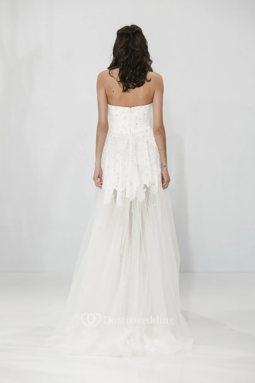 A-Line Sweetheart Sleeveless Maxi Appliqued Tulle Wedding Dress With Zipper Back And Beading view 2