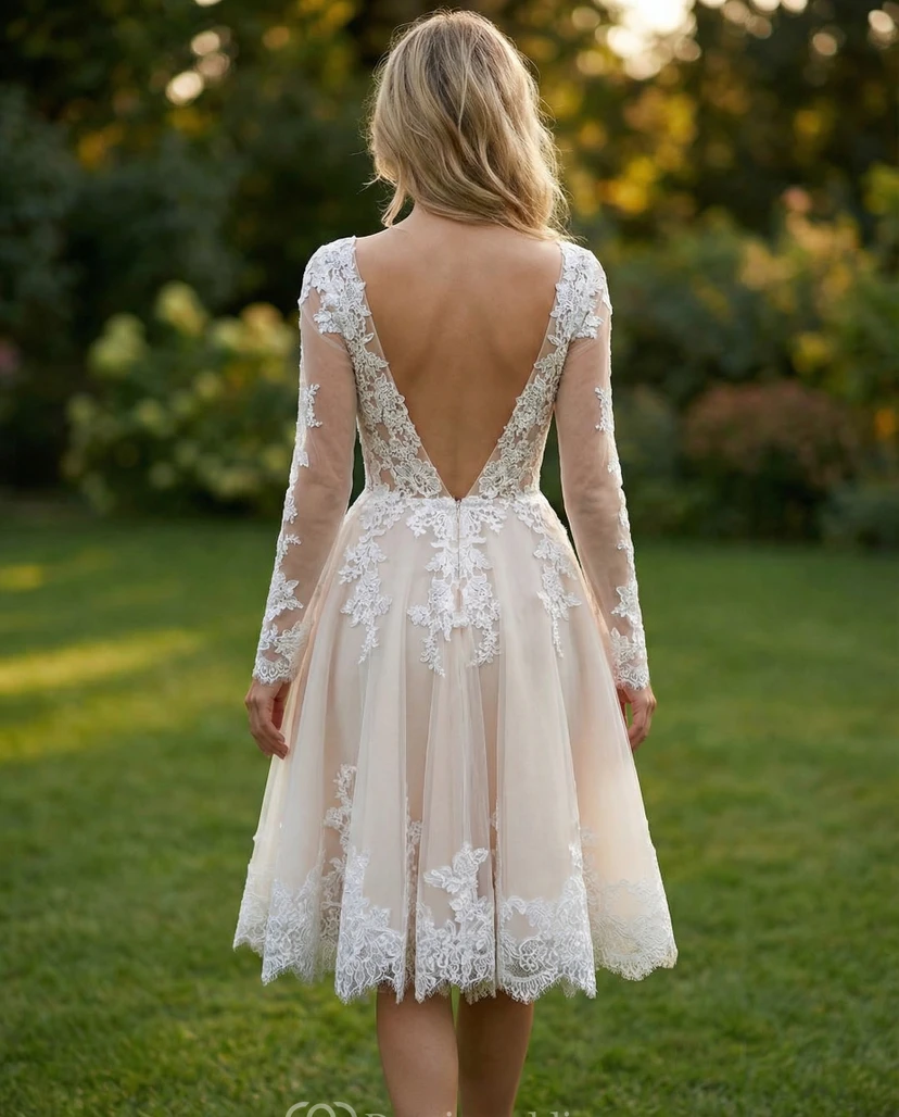 Robe de mariée mi-longue à manches longues en dentelle illusion style vintage view 2