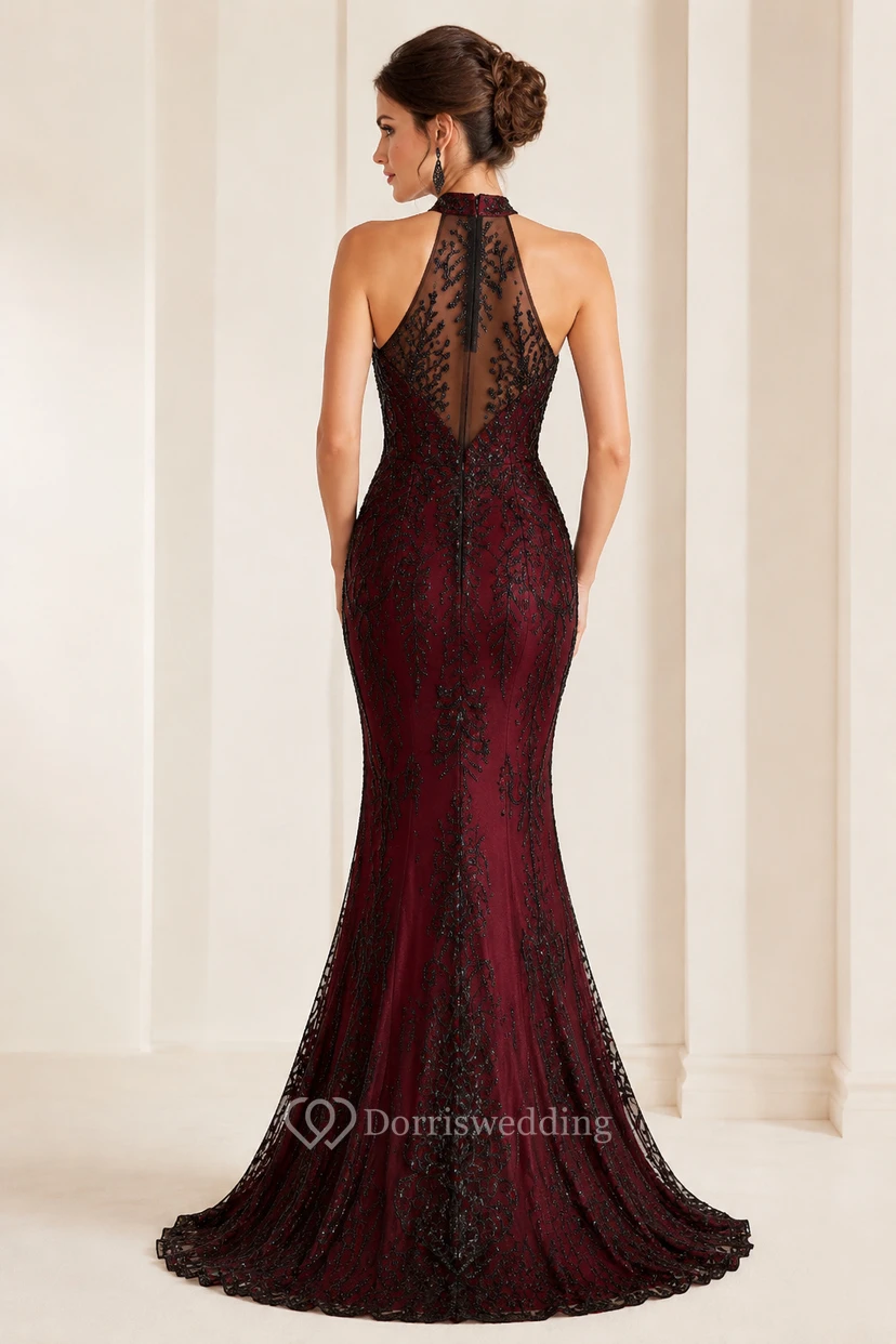 Robe de soirée sirène bordeaux et noire en dentelle à col montant et dos illusion view 2