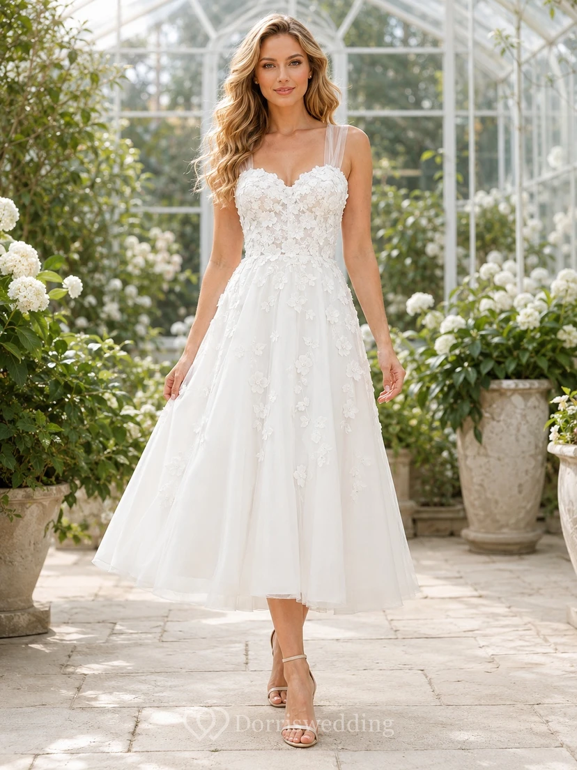 Civil Tea-Length Spaghetti Lace Tulle A-Line Floral Applique Wedding Dress