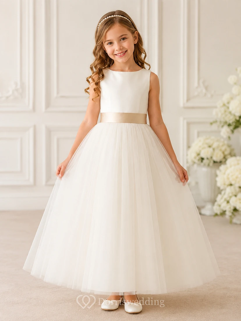 Klassisches A-Linien-Kleid aus Tüll für Blumenmädchen mit Rundhalsausschnitt, wadenlangem Rock und Schleifendetail