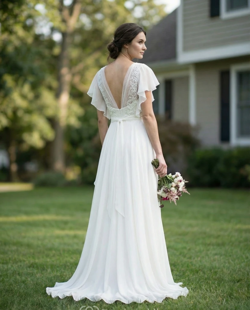 Boho-Hochzeitskleid aus Chiffon mit V-Ausschnitt, Rüschenärmeln und floralem Taillenband view 2