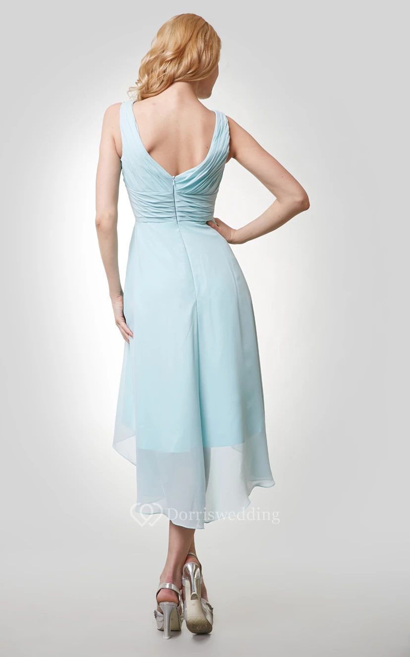 High-Low Chiffon Sleeveless V-Neck Dress With Ruching view 3