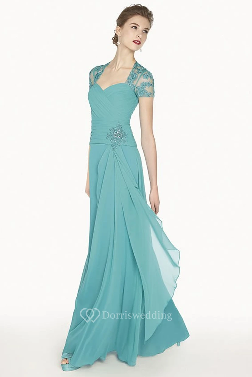 Queen Anne A-Line Chiffon Long Prom Dress With Appliques And Illusion Back