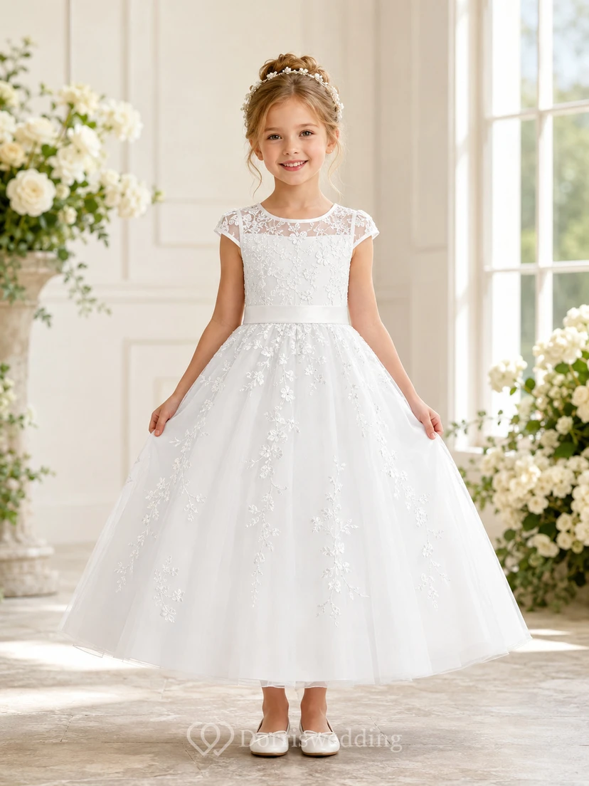 Robe de demoiselle d'honneur en tulle et corsage en dentelle avec nœud dans le dos