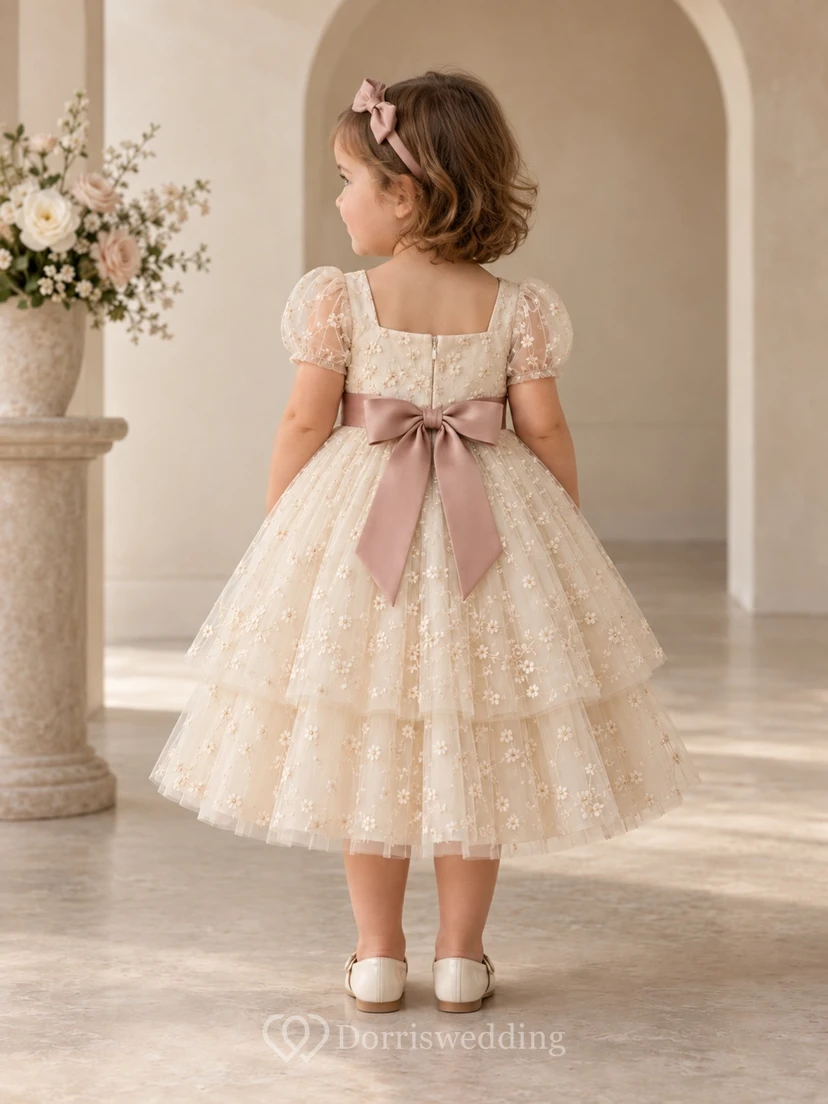 Robe de demoiselle d'honneur mi-longue à col carré, coupe trapèze, en tulle fleuri champagne, manches bouffantes et ceinture mauve. view 2