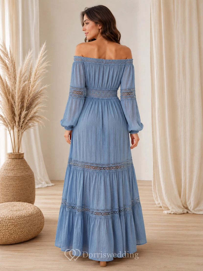 Vestido de gasa bohemio de manga larga con escote Bardot, corte en A y largo hasta el suelo, color azul acero, de la marca Horizon Drift. view 2