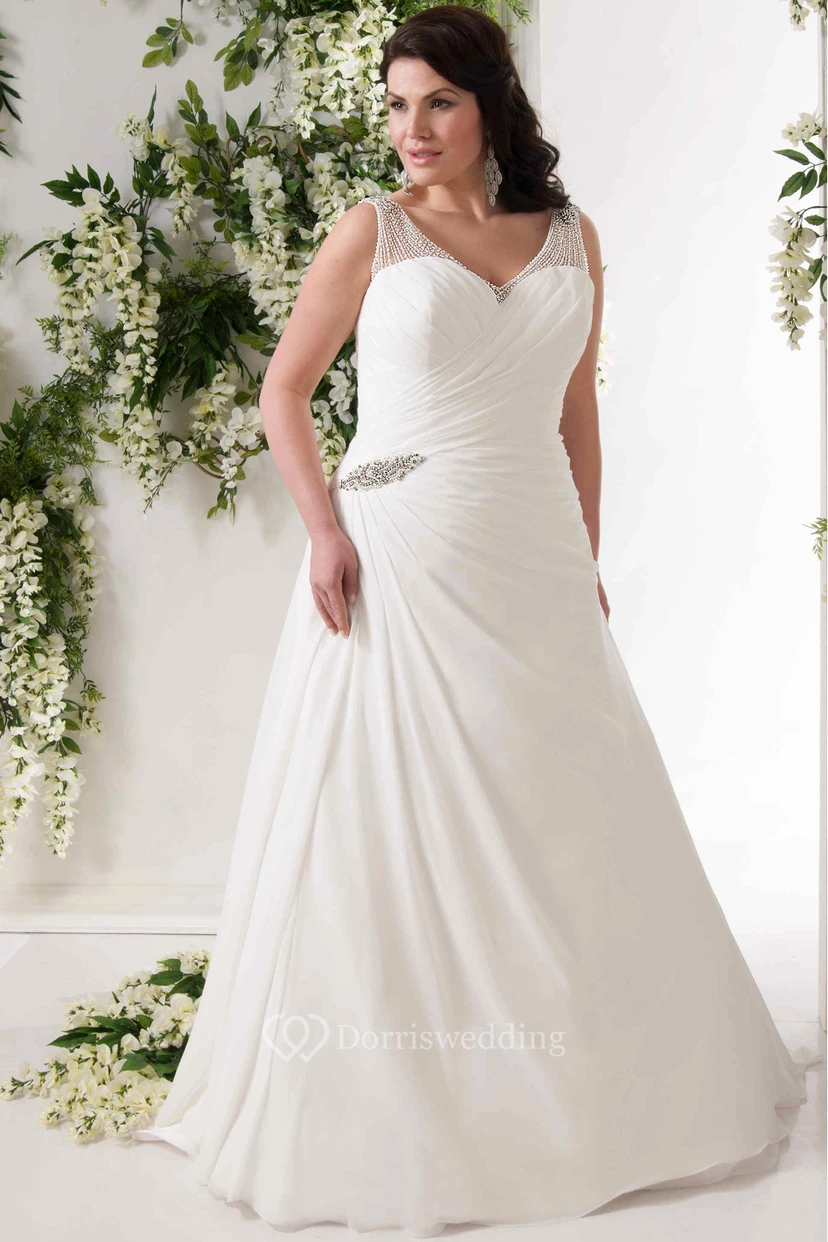 A-Line V-Neck Draped Sleeveless Chiffon Plus Size Wedding Dress With Beading And Broach