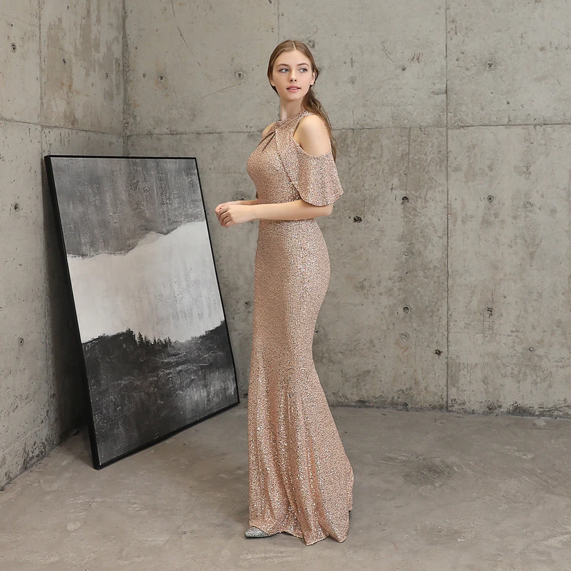 Banquet Temperament Elegant Long Short-Sleeved Sequin Aura Queen Fishtail Evening Dress view 30