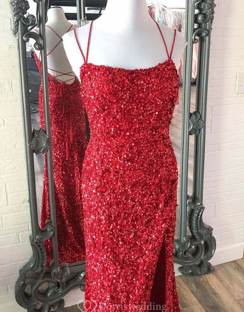 Spaghetti Sexy Front Split Sequin Sheath Floor-length Dress view 11