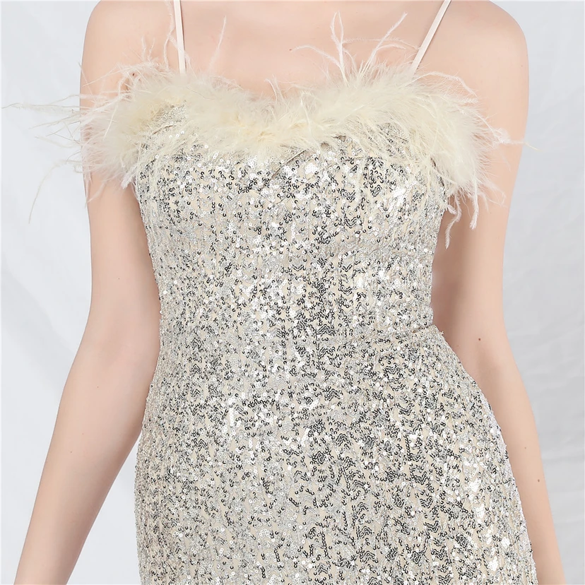 Craft Ostrich Feather Mesh Sequined Long Evening Dress view 17