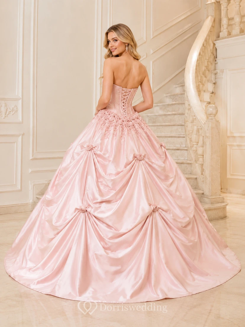 Blush Luxury Strapless Sweetheart Rosette Draped Satin Quinceanera Princess Ball Gown view 2
