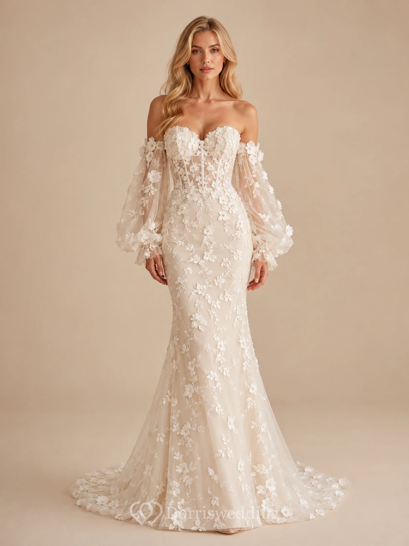Detachable Floral Sleeve Lace Mermaid Studio Bridal Gown