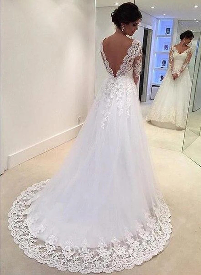Newest Long Sleeve Tulle Lace Wedding Dress Court Train view 2