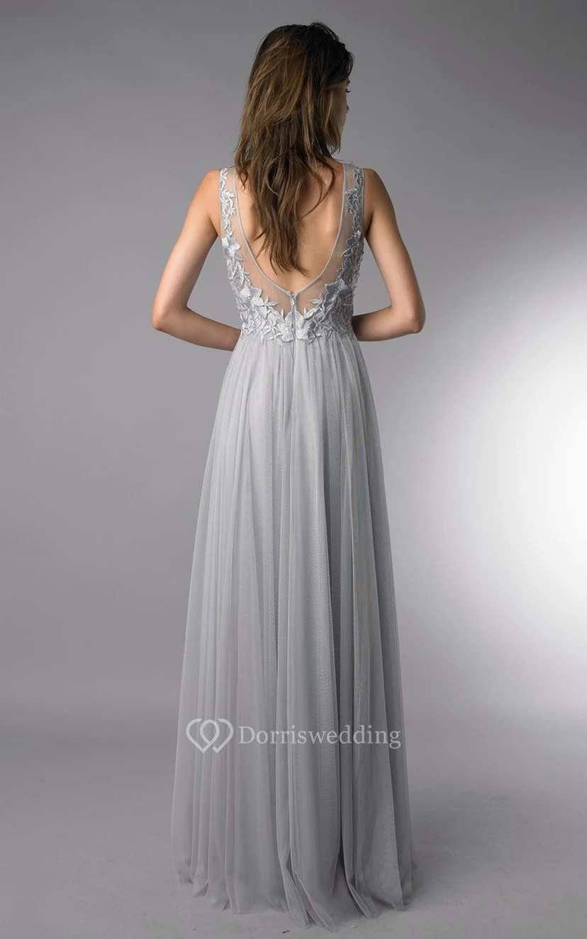 A-line Floor-length Jewel Sleeveless Tulle Low-V Back Dress view 8