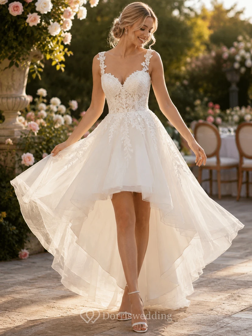 Hochzeitskleid mit asymmetrischem Oberteil und Spitzenoberteil, perfekt für Gartenempfang, Tanz und Hochzeit