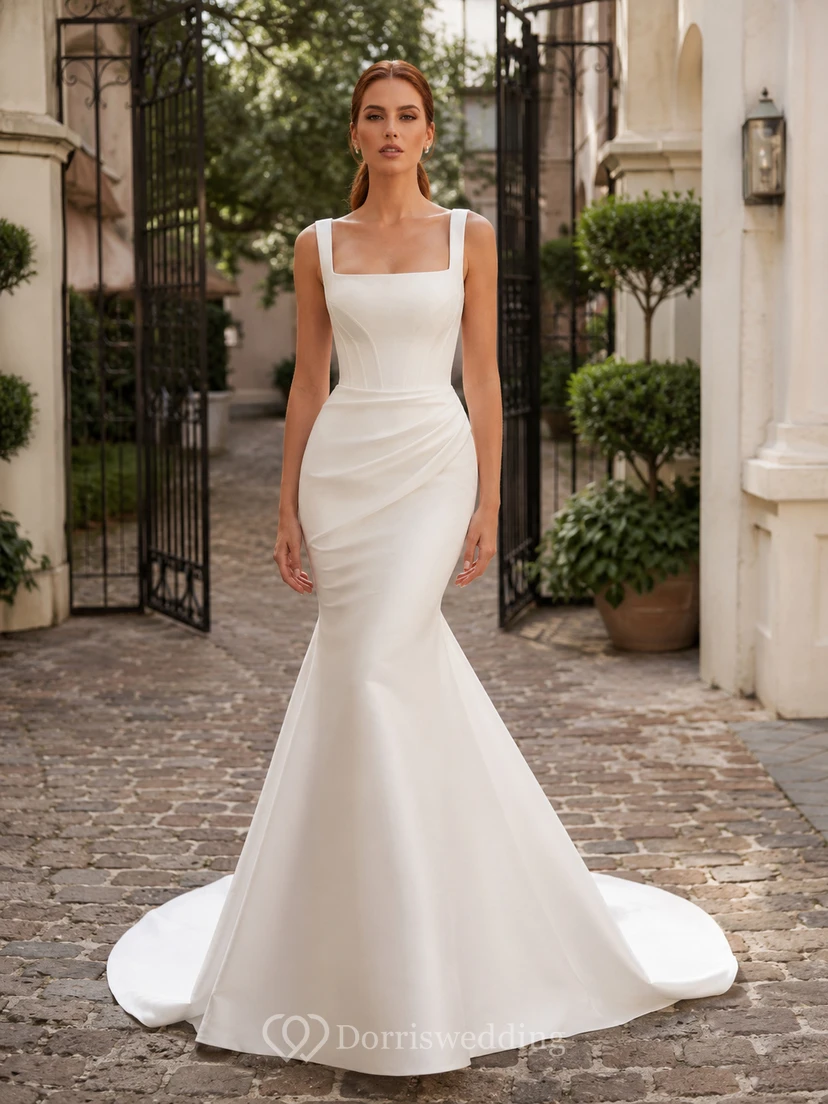 Robe de mariée sirène en crêpe à col carré simple, style domaine historique