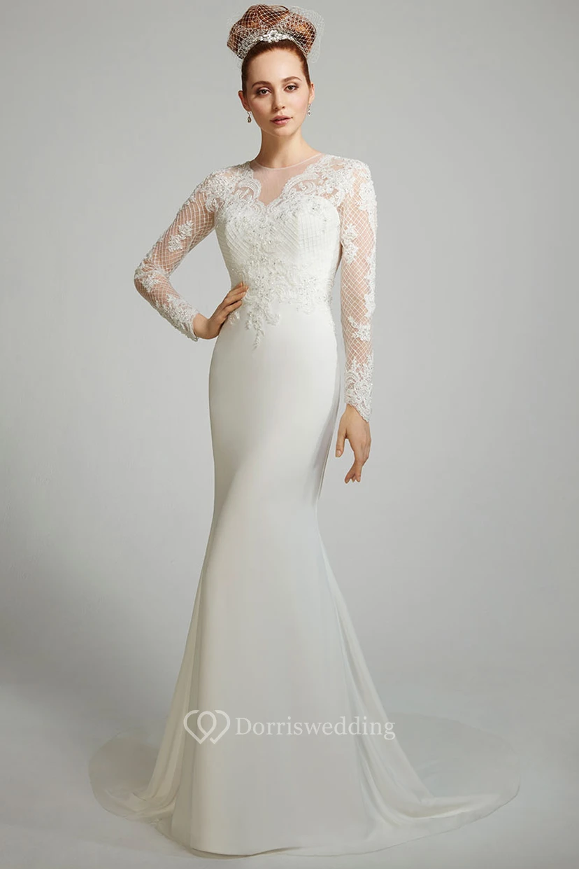 Sheath Long-Sleeve Scoop-Neck Floor-Length Chiffon Wedding Dress With Appliques And Illusion