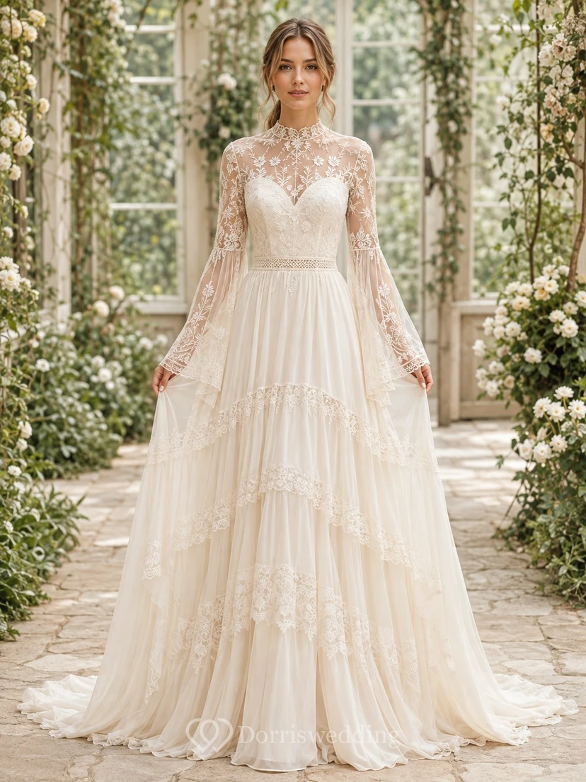 Vestido de novia bohemio de encaje con escote cuadrado, mangas tres cuartos y corte en A con volantes.