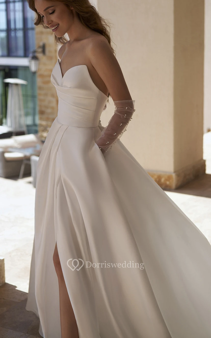 Ball Gown Empire Sweetheart Sleeveless Floor Length Satin Simple Wedding Dress with Ruching and Split Front view 3
