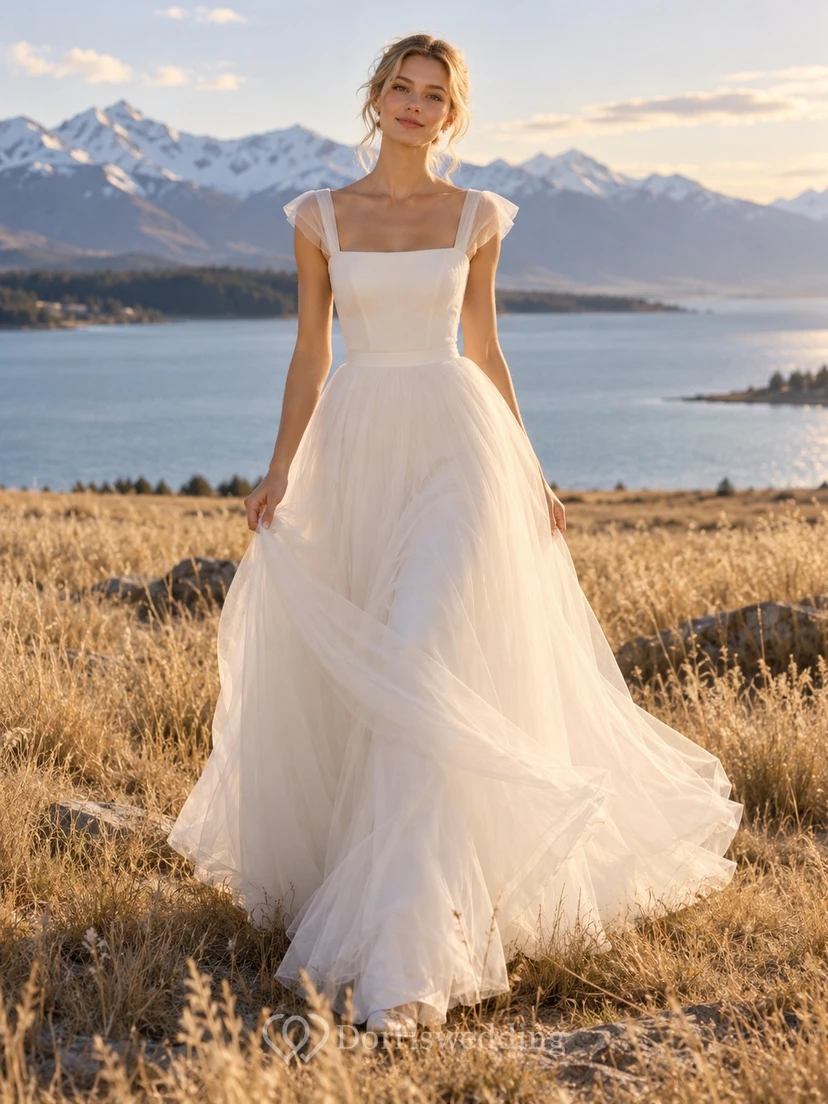 Schlichtes Brautkleid in A-Linie mit eckigem Ausschnitt, Schleifenträgern und Lagen aus Tüll