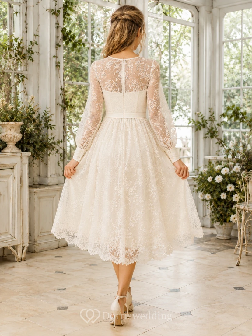 Romantic Bateau Long Puff Sleeve Lace A-Line Tea-Length Civil Wedding Dress view 2