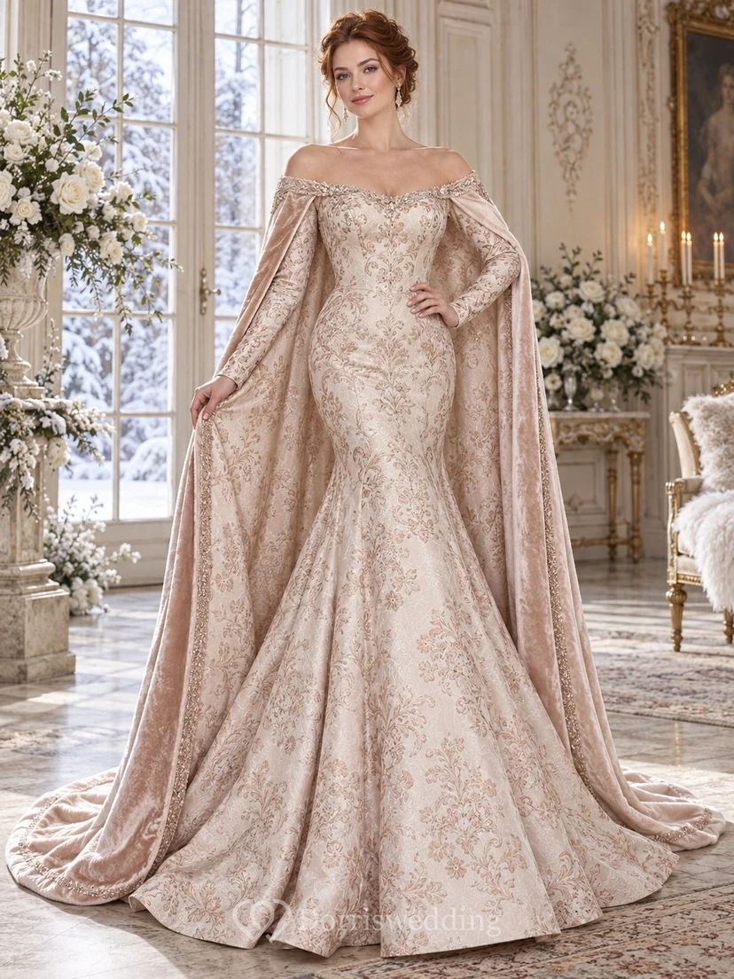 Robe de mariée vintage sirène à manches longues, épaules dénudées, en satin fleuri et cape, style cape, rose poudré et