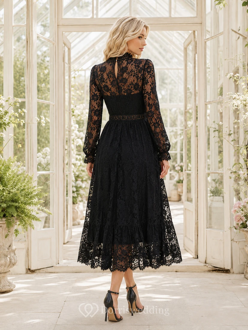 Schwarzes, hochgeschlossenes A-Linien-Kleid aus Spitze mit langen Ärmeln und langen Ärmeln im dezenten Vintage-Stil – ideal für formelle Anlässe und Gästeempfänge view 2